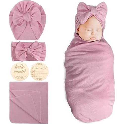 BQUBO Baby Girl Newborn Receiving Blankets with Bow Hat Headband Wooden Birth Announcement Card Set Newborn Baby Swaddle Wrap Set Warm Shower Gift