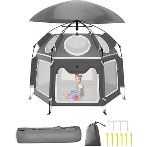 Pop-Up Portable Baby Playpen with UV Canopy, Waterproof Outdoor & Indoor Play Tent, Breathable Mesh Sides, Quick Setup Folding Baby Play Yard with Carry Bag & Stakes 59"