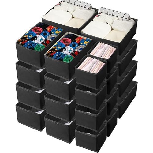 24 Set Nursery Clothes Dresser Drawer Organizer Dividers, Back to School Nursery Bins Fabric Foldable Closet Clothing Wardrobe Storage Box Container Basket for Bras Socks Underwear(Black)