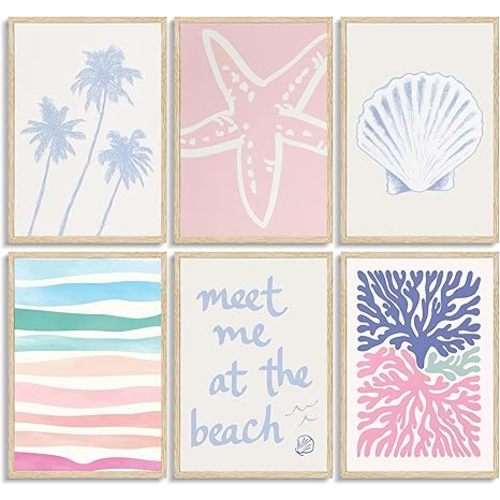 MBFKVFE 6 Pcs Coastal Wall Art, Pastel Preppy Beach Wall Decor with Palm Tree Starfish Seashell Coral, Minimalist Ocean Prints & Paintings for Bedroom Dorm Living Room 8x10 / 12x16 Inch Unframed