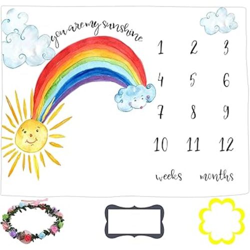 Sunshine Baby Monthly Milestone Blanket for Baby Boy and Girl, Rainbow Month Blanket for Baby Pictures Personalized, Includes Wreath and Frame Large 60"x40" BTDSLY42