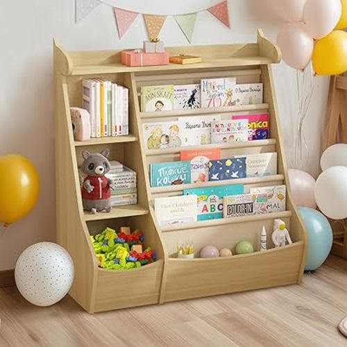 Kids Bookshelf Montessori, 4 Sling Baby Bookcase, 4 Tier Display Shelves, Wooden Book Rack, Toddler Toy Storage Organizer Cabinet, Floor Children Bookshelf Nursery Playroom Bedroom Library, Natural