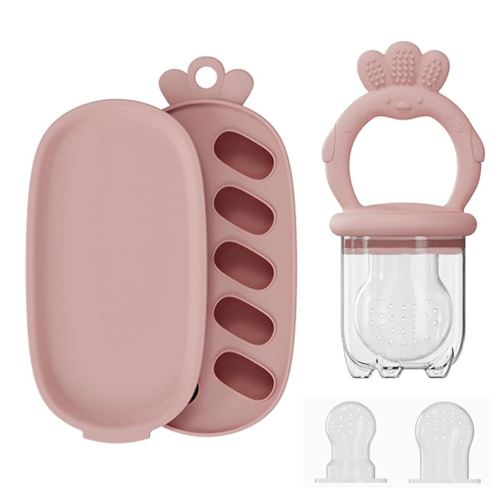 Baby Fruit Feeder with Freezer Tray Silicone Baby Teethers Food Feeder Freezer Popsicle Molds for Teething Relief (Pink)