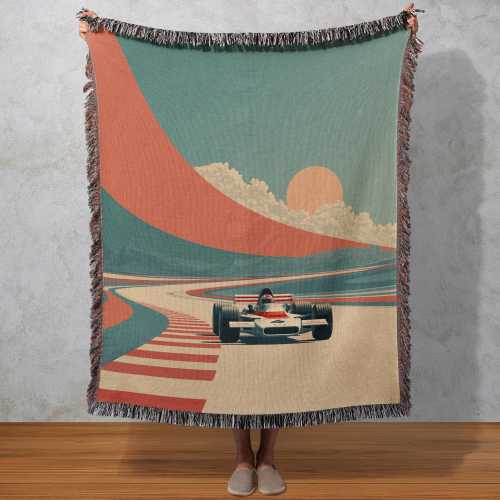Retro Racing Car Woven Blanket, Vintage Formula 1 Tapestry, Motorsport Wall Decor
