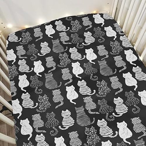 Stylish Cat Shapes Baby Crib Sheets for Boy Girl 52"x28" Black and White Cat Soft Stretchy Fitted Crib Mattress Cover Cats Lovers Gift Nursery Baby Sheet for Standard Crib & Toddler Mattress Pad