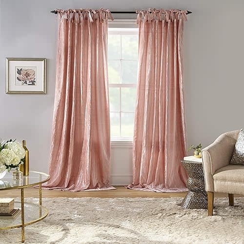 Elrene Home Fashions Korena Tie-Top Crushed Velvet Window Curtain Panel, Rustic-Chic Curtain Panel for Living Room or Bedroom, 52 Inches by 95 Inches, Blush, 1 Panel