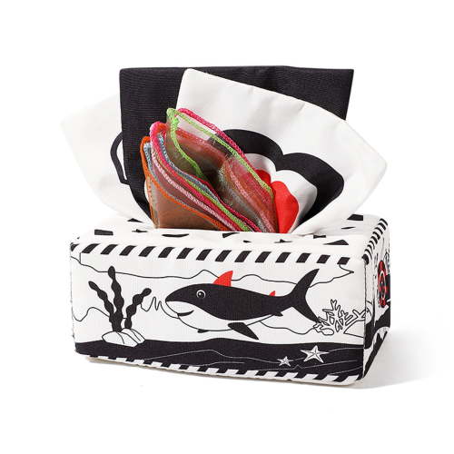 Infant Sensory Toy Tissue Box With Teether Crinkle Paper High Contrast Scarves Soft Plush Early Development Educational Gift 6.89 Inch Montessori Learning Activity