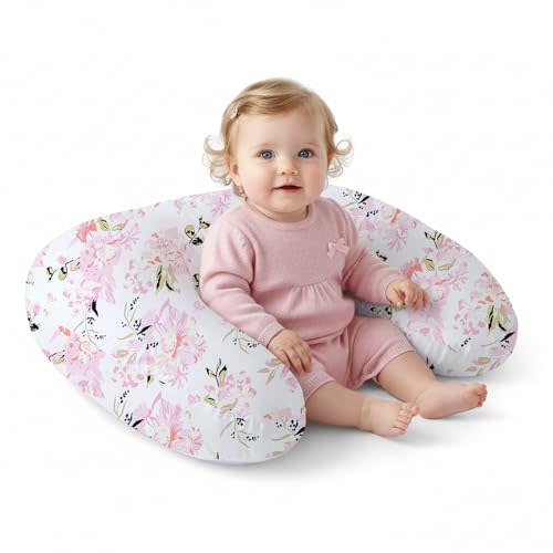 Little Grape Land Nursing Pillow, Upgraded Breast Feeding Pillow for Mom, Breastfeeding Bottle Feeding for 0–16 Months, Machine Washable Cover with Firm Breathable Filling for Tummy Time, Rose Floral