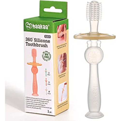 haakaa 360° Silicone Baby Toothbrush with Suction Base Infant to Toddler Toothbrush, Food Grade Silicone, 1pc (Translucent)