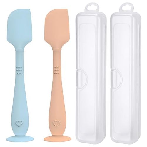 2 Pack Diaper Cream Spatula With Hygienic Travel Case, Baby Butt Paste Applicator With Suction Base, Soft Silicone Diaper Rash Cream Applicator Large Size (Blue & Brown)