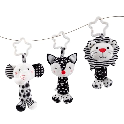 Black & White Baby Wind Chime Hanging Toys - High Contrast Rattles for Newborns 0-12 Months, Stroller & Car Seat Mobile, Hanging Rattle Toys for Babies, Clip Hanging Plush Squeeze Toys