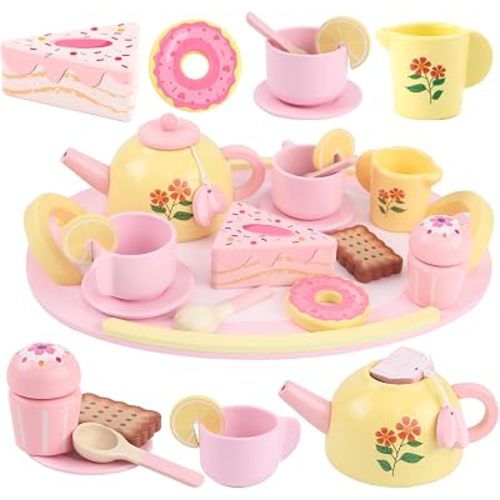 Tea Party Set Wooden Tea Sets for Toddlers 3-5 Play Food Pretend Play Toys Kids Tea Set for Girls 6-8 Birthday Gift Wooden Tea Party Set for Little Girls 3 4 5 6 Years Old Outdoor Tea Time Game