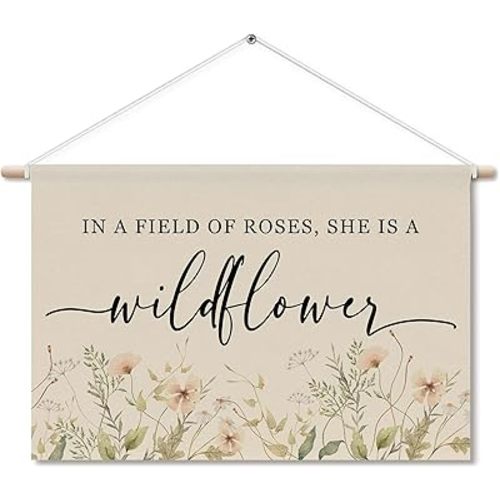 in A Field of Roses She Is A Wildflower Poster Hanger With Wood Frame, Nursery Wall Art Decor for Baby Girl Room, Boho Posters for Toddler Bedroom Girl Room Wildflower Nursery Decor, 12X16 Inch