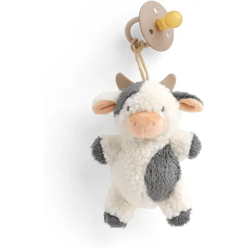 Itzy Ritzy Pacifier & Lovey Set - Natural Rubber Pacifier with Stuffed Animal Lovey - Detachable Plush Cow Binky Holder & Coordinating Natural Rubber Binky, Ideal for Ages 0-6 Months (Cow)