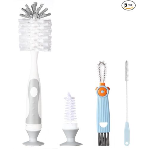 Ariseno 4-in-1 Baby Bottle Brush Set - Including Brushes for Bottles, Straws, Caps, & Nipples - BPA-Free (Grey)