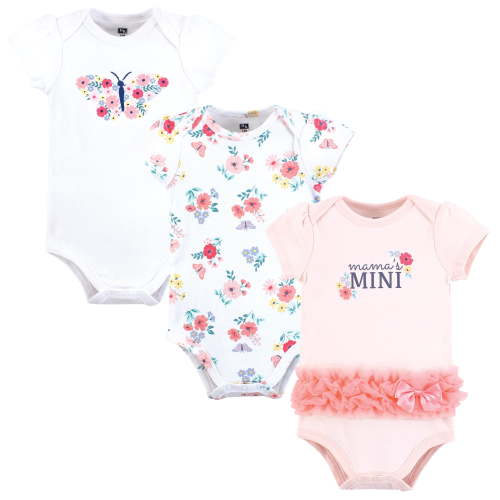 Hudson Baby Infant Girls Cotton Bodysuits 3-Pack, Butterfly Floral Tutu, Newborn