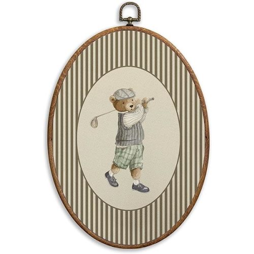 SONMYSULIL Golf Bear Nursery Wall Art Decor, Vintage Sports Oval Wall Hanging Decor, Striped Sports Golf Bear Framed Canvas Prints for Kids Boy Nursery Home Room Bedroom Playroom, 8.6x11.4 Inch