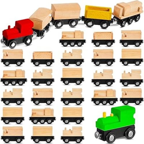 Halloscume 30 Pcs Unfinished DIY Wooden Trains 5 Styles Unpainted Train Cars Toys for Railway Paint Project Wood Trains for Birthday Party Themed Party Decorations Fall Crafts Supplies