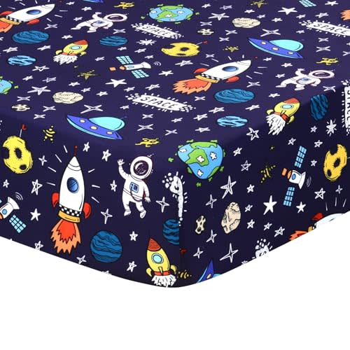 JISEN Baby Crib Sheets Soft Breathable Space Fitted Crib Sheets for Standard Crib and Toddler Mattress Baby Bed Sheets for Boys Girls Neutral 52x28 Inch Navy