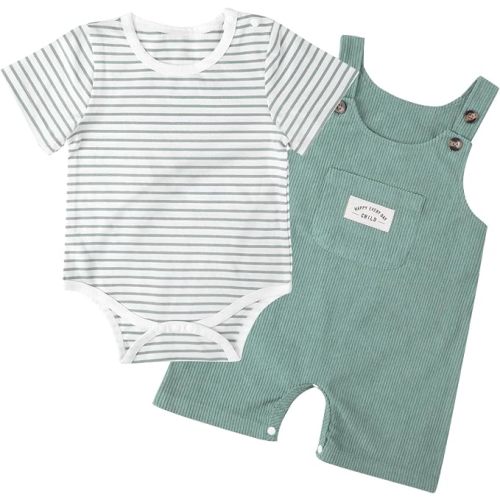 Baby Boys Bodysuit Summer Clothes Set 2-pcs Striped Romper & Overalls Shorts Set Jumpsuit 0-12 Months