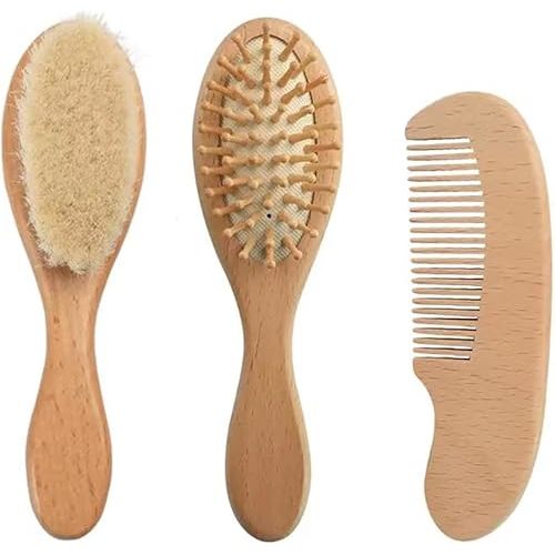 PandaEar Baby Hair Brush and Comb Set for Newborn| Natural Wooden Hairbrush with Soft Goat Bristles, Pear Wood Comb and Wooden Massage Brush for Infant, Toddler, Kids