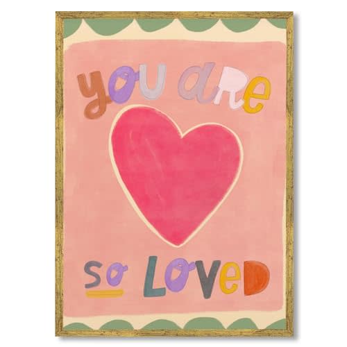 Gold Framed Watercolour You Are So Loved Nursery Wall Art Cute Canvas Print | Pink Heart Inspirational Quote Poster Picture Retro Colorful Hand Drawn Painting Wall Decor for Kids Room Playroom 8x12inch