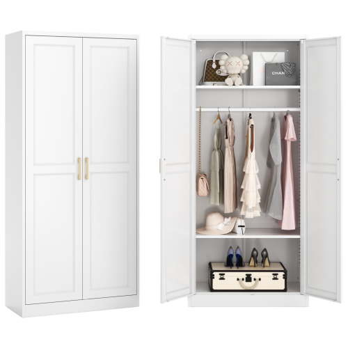 Polup 71" H Modern Metal Sturdy Armoire Cabinet with Shelves and Hanging Rod, Adult Bedroom Wardrobe Closet with Doors