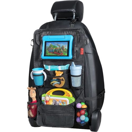 Lusso Gear Backseat Car Organizer- Kick Mat Protects Against Kids Feet - 12 Large Storage Pockets - iPad,Tablet, Water Bottle Holder- Durable, Heavy Duty Road Trip Essential (Black)