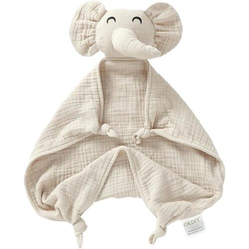 Organic Elephant Lovey, Muslin Security Blanket for Babies, Elephant Baby Stuffed Animal, Snuggle Toy, Gift for Boys and Girls (Khaki)