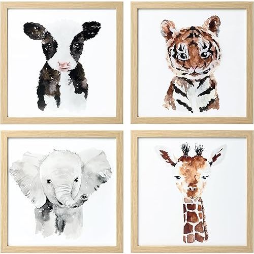 ArtbyHannah Framed Safari Nursery Wall Decor, 10x10 inch Cute Baby Wall Art Room Decor for Kids, Jungle Animals Prints for Playroom Bedroom Decorations 4 Pack (Elephant, Giraffe, Tiger and Cow)