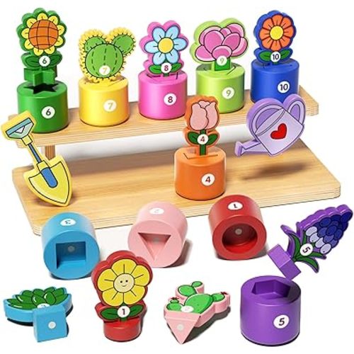 GJZZ Wooden Pretend Play Flower Garden Set with Stand - Montessori Shape and Color Sorting Toys for 2 3 Year Old Girls Boys Birthday Gifts, Number Cognition for Toddler Kids, Fine Motor Skills