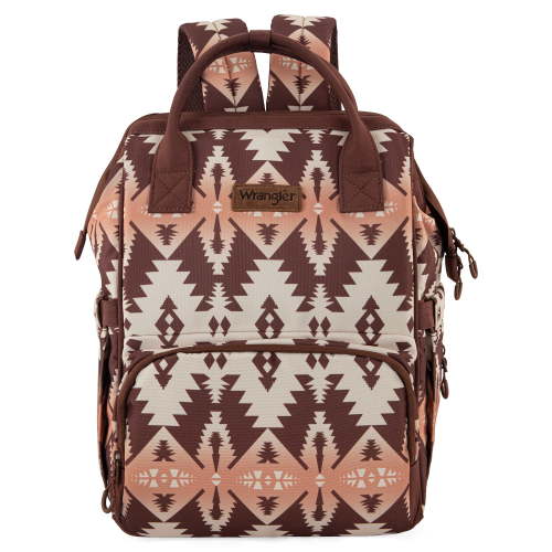 Wrangler Aztec Travel Backpack Baby Bag for Women with Stroller Strap and Side Bottle Pockets Organized Diaper Bag, Brown