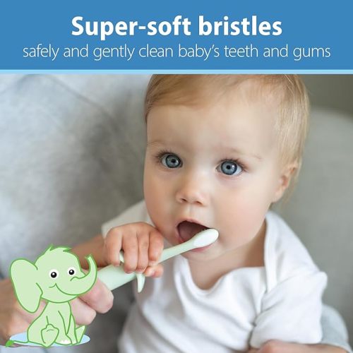 Dr. Brown's Infant-to-Toddler Training Toothbrush Set, Mint Elephant with Fluoride-Free Strawberry Baby Toothpaste, 0-3 Years