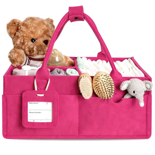 Diaper Caddy Organizer - Large Baby Caddy Organizer with Handle (Pink) | Newborn Registry Essentials, Portable Nursery Storage Bin for Wipes, Bottles, Baby Shower Basket Gifts for Boys or Girls