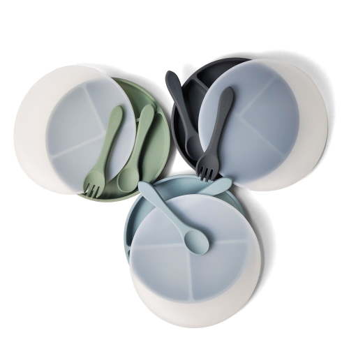 Won Wish BPA Free 100% Silicone Suction Baby Plates With Cutlery: Ether, Sage, & Light Grey
