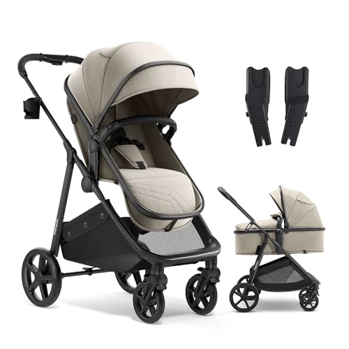 Mompush Wiz 2-in-1 Bassinet Stroller with Car Seat Adapter, Reversible Seat | One-hand fold, newborn to toddler, UPF 50+ canopy, large storage basket, cup holder included