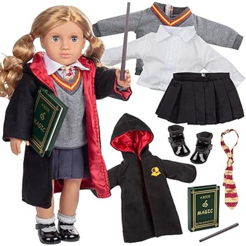 Deluxe 11pc Hermione Granger Inspired 18" Doll Outfit-Compatible with American Girl Outfit & Accessories Set Includes Robe, Wand, Book, Sweater, Shirt, Skirt, Socks, Shoes & Tie