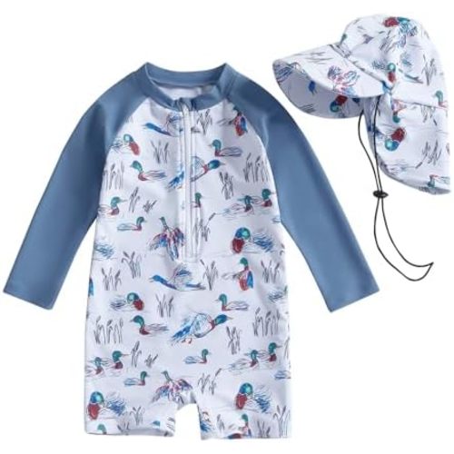 KMBANGI Toddler Baby Boy Mallard Swimsuit Kids Rash Guard Long Sleeve One Piece Bathing Suit Duck Hunting Swimwear with Hat