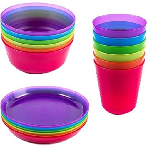 Kids Plastic Dinnerware Set of 18 Multi Color Pieces (Plates, Bowls, and Cups) - Reusable, BPA-Free, Dishwasher Safe and Microwaveable