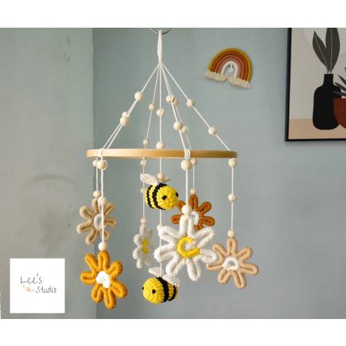 Bumble Bee Baby Mobile: Crochet Flower Garden Nursery Decor