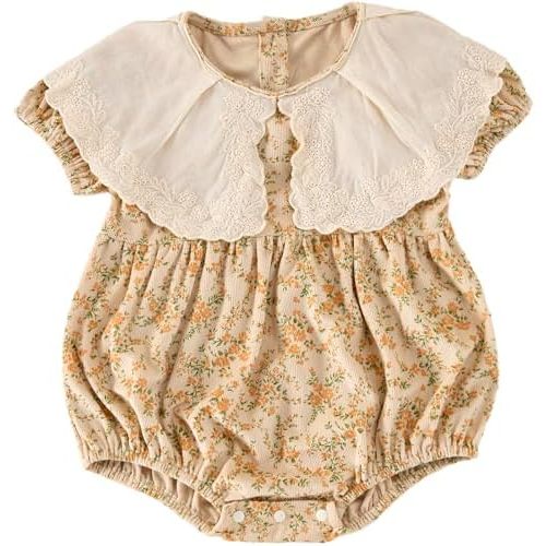 Sweet Infant Baby Girl Short Sleeve Bodysuit - Floral Summer Jumpsuit with Peter Pan Neckline