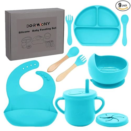 100% Silicone baby feeding set,BPA free Baby dishes set with Suction Bowl Divided Plate,Toddler Self Feeding Dish Set with Spoons Forks Sippy Cup And Bib, Baby Eating Utensils (Cyan Blue)
