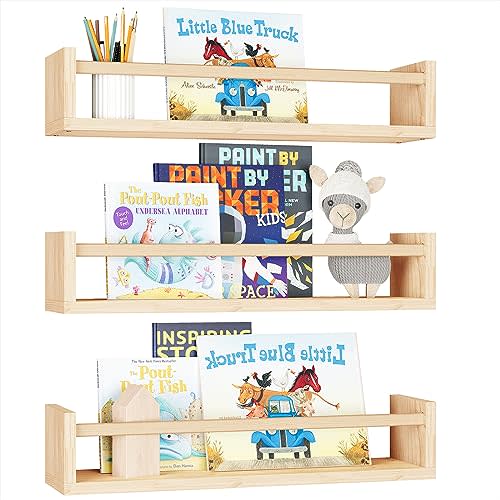 Fixwal Nursery Shelves, 16.5 Inch Floating Bookshelves for Wall Set of 3, Baby Nursery Decor, Solid Wood Wall Mounted Shelves for Books (Natural Wood)