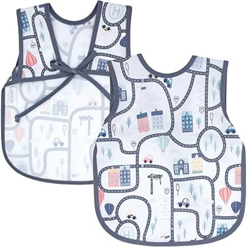 BapronBaby Tiny Town Bapron - No Neck Tie Safer Bib for Baby & Toddler - Soft Waterproof Stain Resistant - Machine Washable - Sz Baby/Toddler 6m-3T