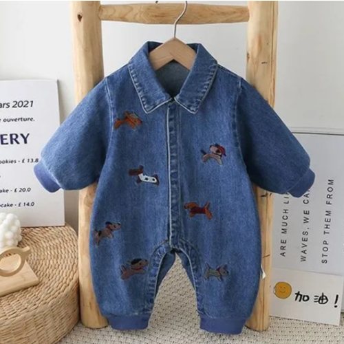 Baby Dog Patches Denim Lapel Romper