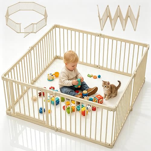 POCOCUB 64x64in Foldable Wooden Baby Playpen with Gate, Child Safety Lock, Modular Indoor Play Yard with Suction Cups, Expandable Toddlers Playpens Great Gifts for Babies Boys Girls