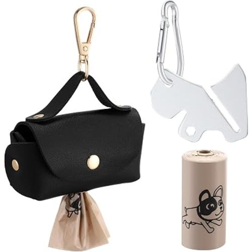 Affrolling 5 Pcs Leather Dog Poop Bag Holder Christmas Include 45 Scented Poop Bags Dispenser Cute for Travel Walking Dog Park and Outdoor Use(Black)