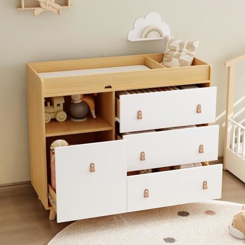 Baby Dresser with Changing Table Top, 4 Drawers Nursery Dresser with Removable Guard, Infant Diaper Changing Station Baby Cloth Organizer for Nursery and Kids Bedroom, Wood Color - 44.9" W