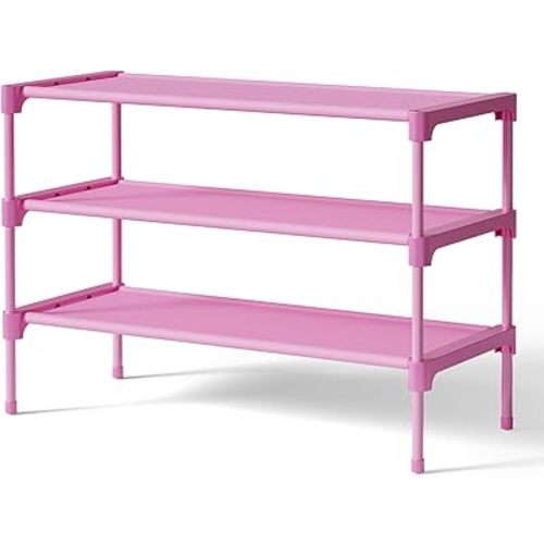 Kitsure Shoe Rack - Non-Woven Shoe Rack Shelf, Shoe Organizer for Closet, Entryway, Garage & Corridor, Stackable Shoe Shelves, 27.5" Wide - 3 Tier, Pink