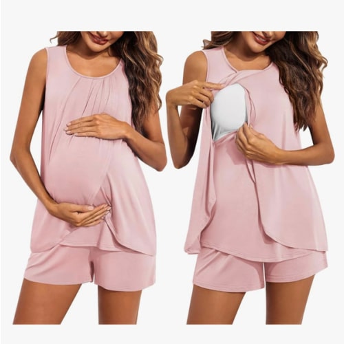 Ekouaer Women Maternity Nursing Pajama Set Breastfeeding Sleepwear Double Layer Sleeveless Top & Shorts Pregnancy PJS